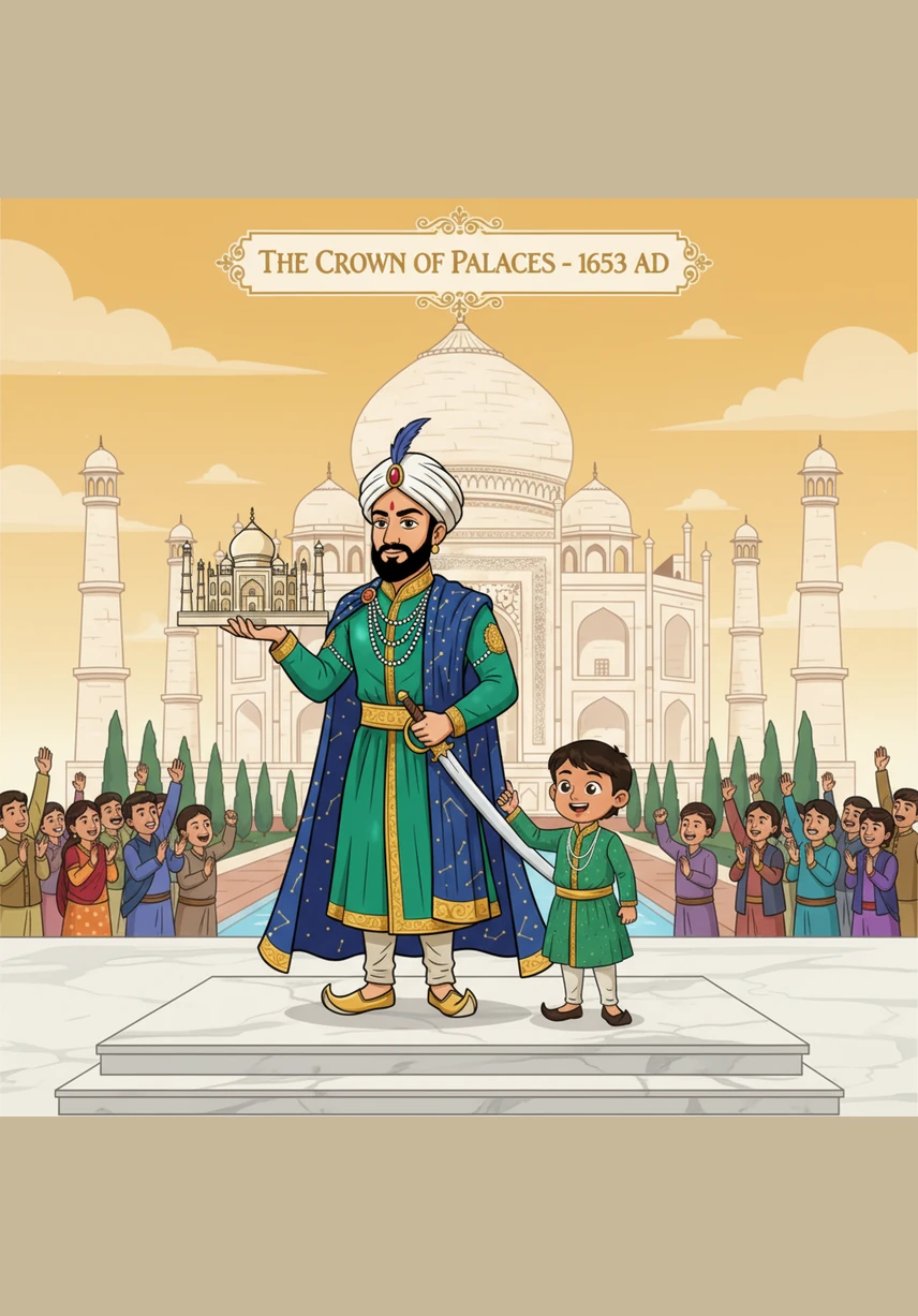 The Taj Mahal was finally completed, standing as a perfect symbol of symmetry and beauty beside the Yamuna River. A full view of the white marble monument is shown reflecting in the still water during a pink sunset while birds fly peacefully through the sky.