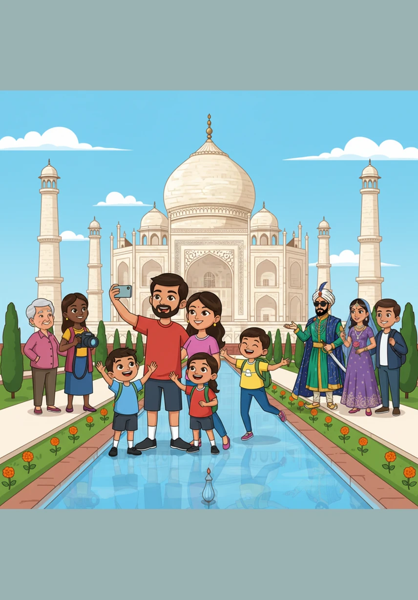 Today, modern India is a vibrant nation where history and progress live side by side. Tourists from all over the world are seen smiling and taking photos at the Taj Mahal on a bright, sunny day, celebrating the monument as a global icon of beauty.