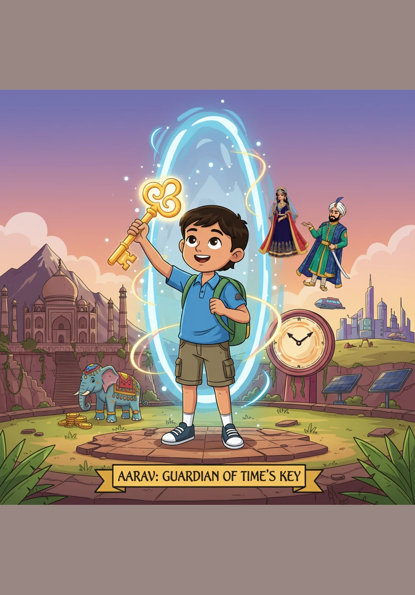 Aarav finishes his journey through time, feeling inspired by the importance of preserving his country’s history. He stands tall with his books in front of the magnificent Taj Mahal, looking toward a bright and colorful future for all of India.