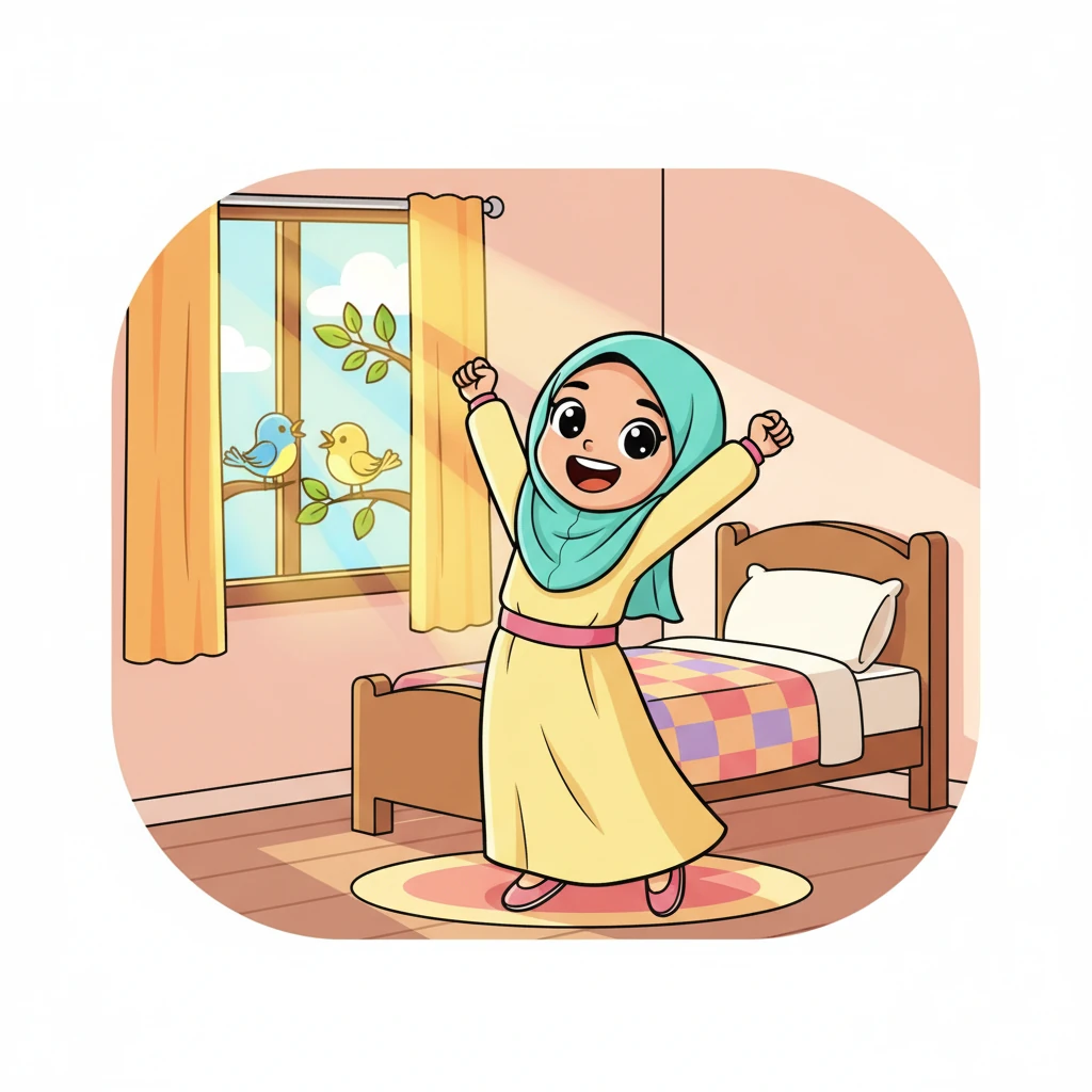 Aisha terbangun dengan senyum lebar saat matahari pagi mengintip dari balik jendela kamarnya. Burung-burung kecil berkicau riang di luar, menyambut hari baru yang cerah. Aisha meregangkan tubuhnya dengan gembira, siap untuk petualangan hari ini.