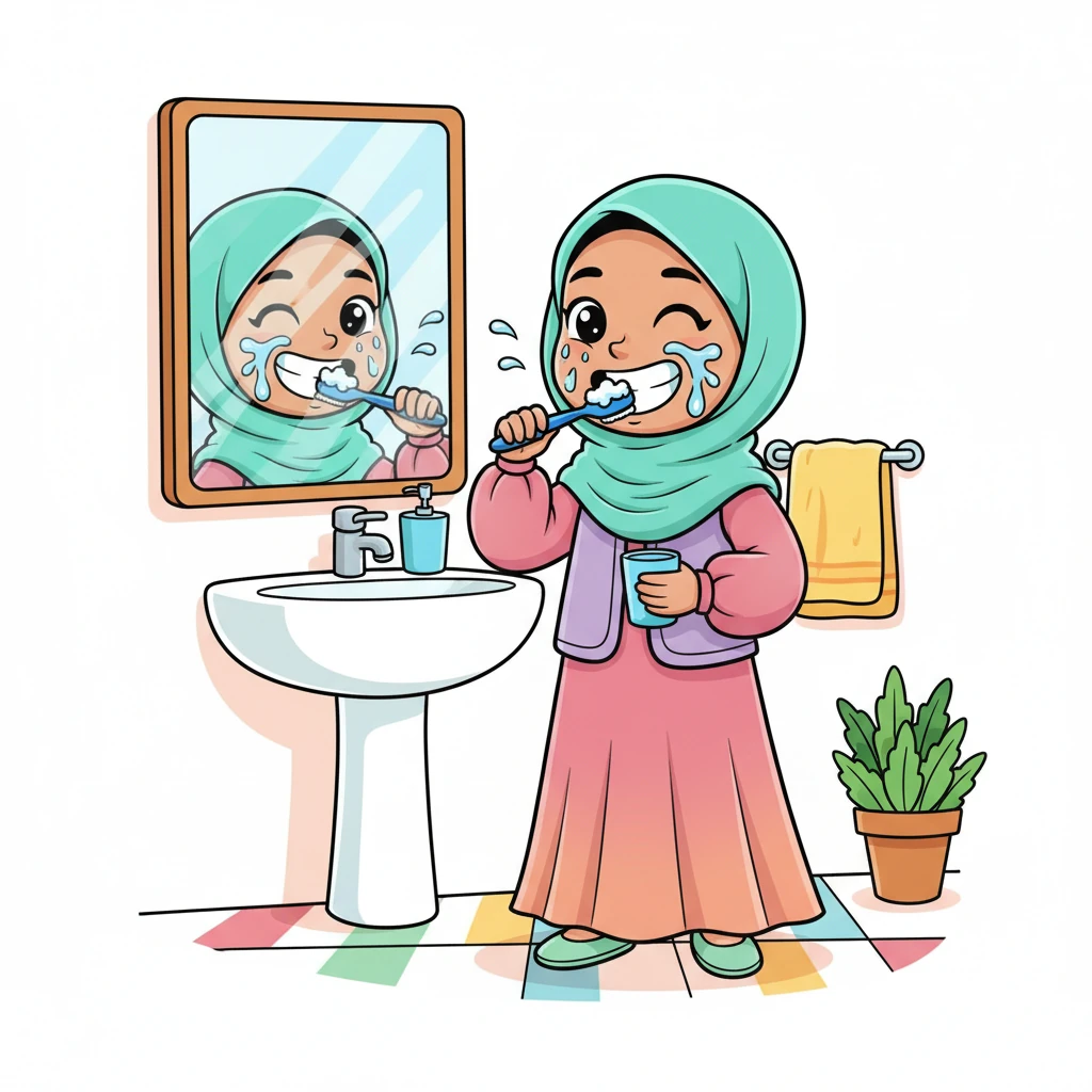 Aisha pergi ke kamar mandi, membasuh wajahnya dengan air dingin yang menyegarkan. Ia menyikat giginya hingga bersih, membuat senyumnya semakin bersinar. Perasaan segar memenuhi dirinya, siap memulai aktivitas.