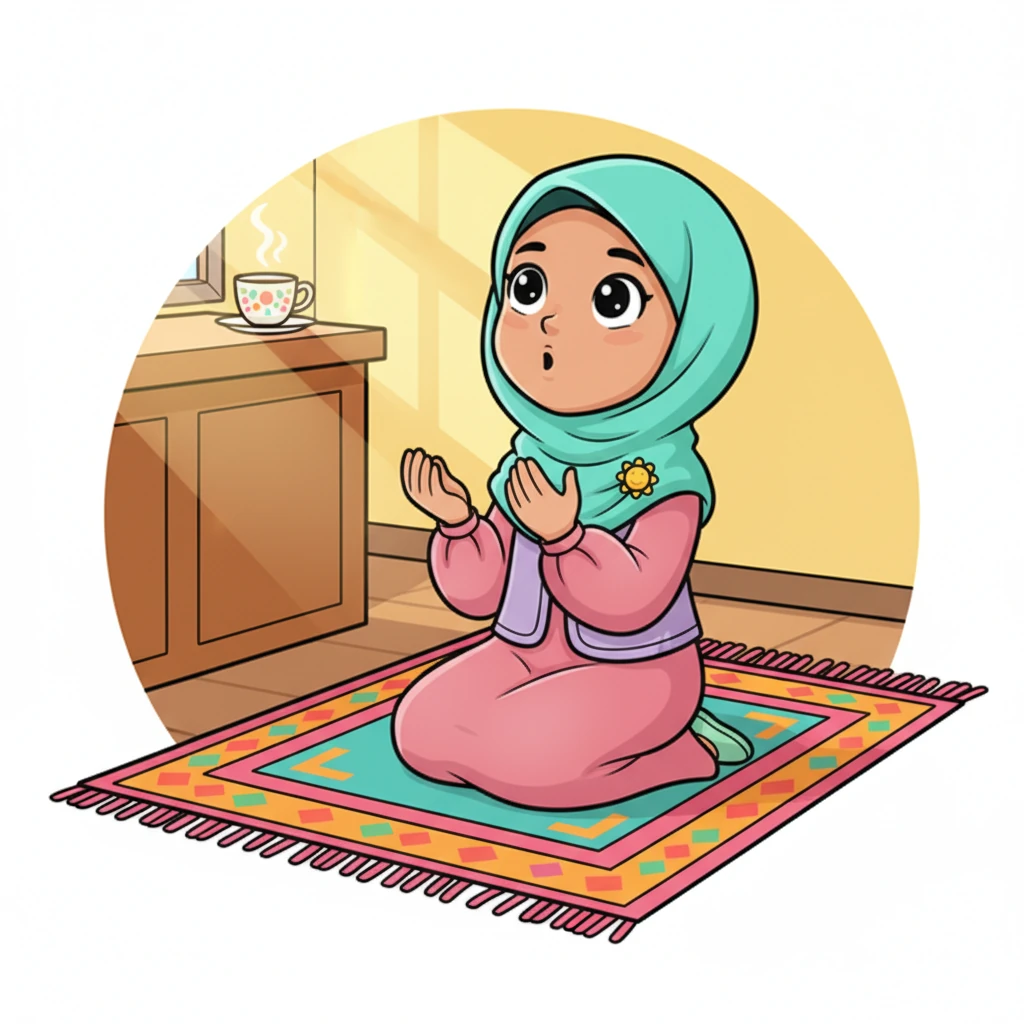 Aisha duduk di sajadahnya yang berwarna-warni, menengadahkan tangan kecilnya. Ia mengucapkan dzikir pagi dengan hati penuh syukur, berterima kasih kepada Allah atas hari baru. Aroma teh hangat dari dapur menemani ketenangan paginya.