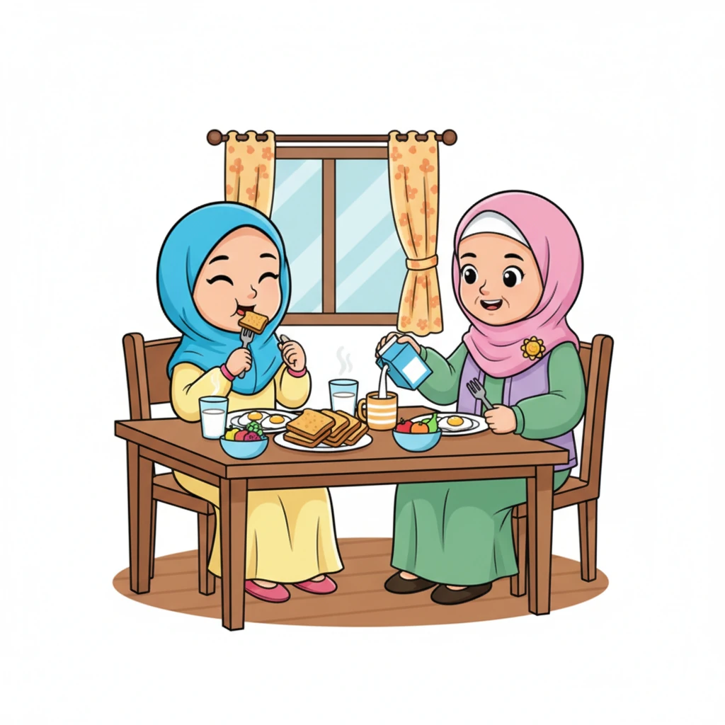 Di meja makan, Aisha menikmati sarapan lezat bersama keluarganya. Ada roti bakar, telur, dan susu hangat. Ia makan dengan perlahan, merasakan setiap gigitan dan bersyukur atas rezeki yang diberikan.