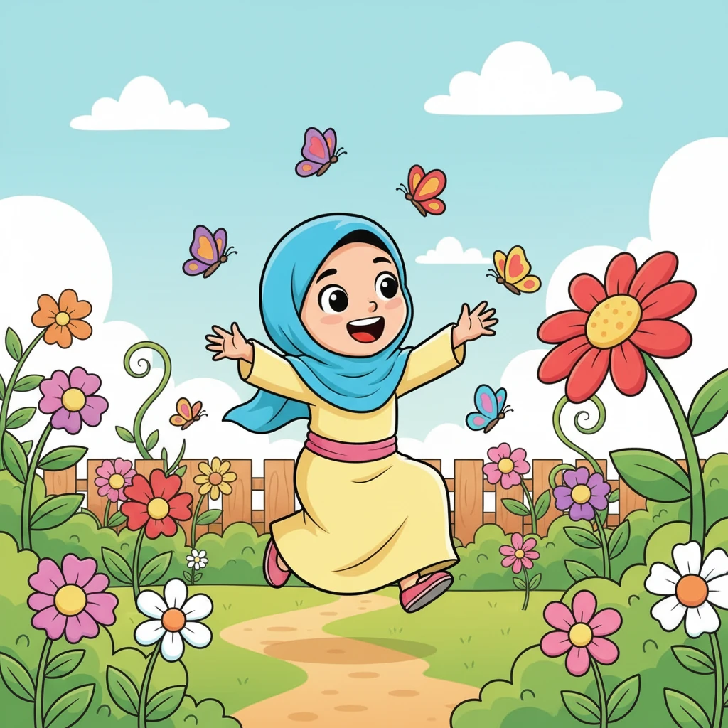 Setelah sarapan, Aisha berlari ke taman belakang. Ia bermain dengan kupu-kupu yang berterbangan di antara bunga-bunga. Setiap tawa dan loncatan Aisha adalah ekspresi kegembiraan dan rasa syukur atas indahnya ciptaan.