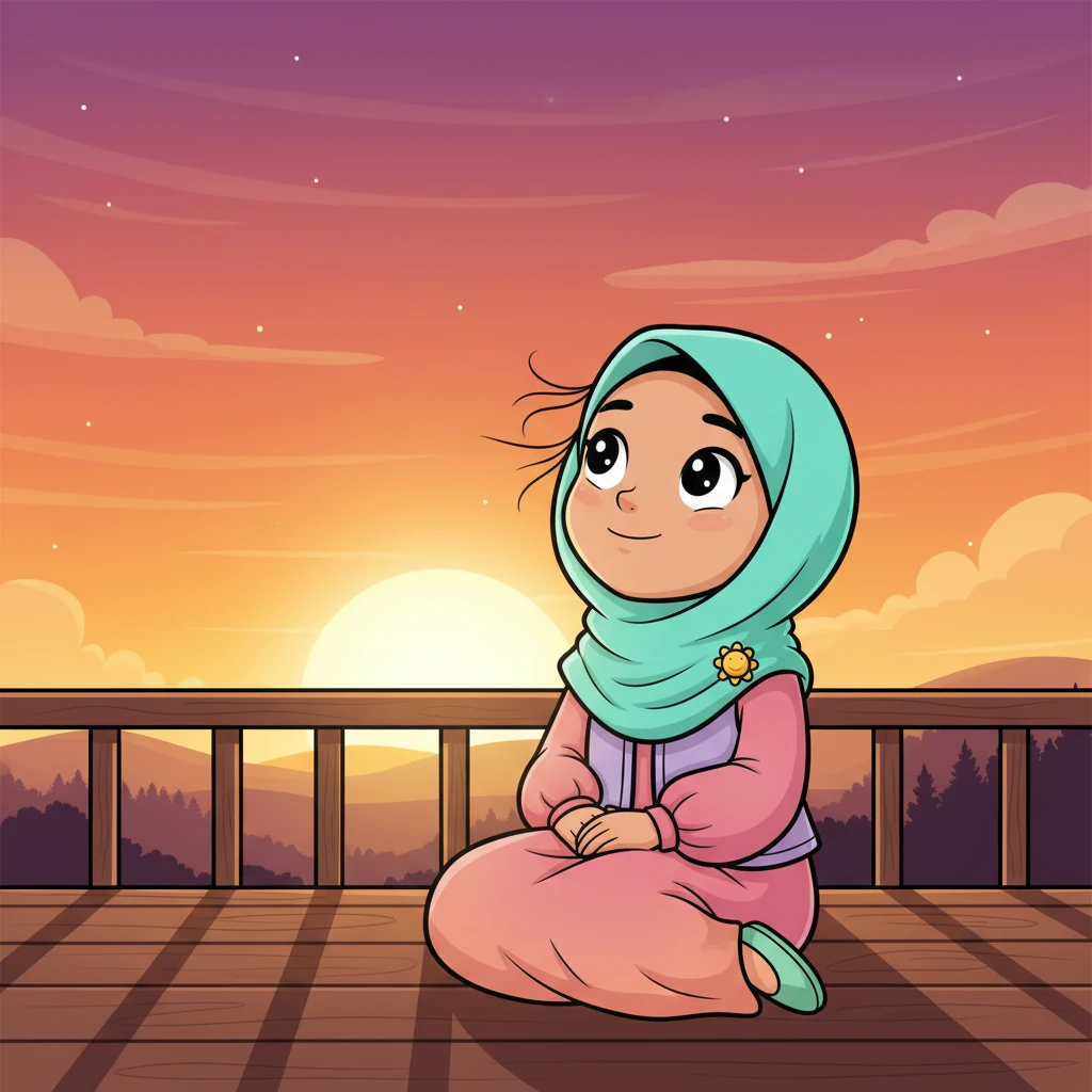 Matahari mulai terbenam, mewarnai langit dengan gradasi oranye, merah muda, dan ungu yang menawan. Aisha duduk di beranda, menyaksikan keindahan senja. Angin sepoi-sepoi membelai rambutnya, membawa kedamaian.