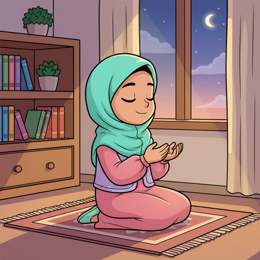 Aisha kembali duduk di sajadahnya, kali ini untuk dzikir petang. Ia merenungkan hari yang telah berlalu, memohon ampunan dan perlindungan. Hatinya terasa tenang dan damai setelah mengucapkan doa-doa.