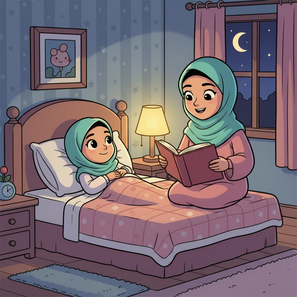 Malam tiba, dan Aisha berbaring di samping ibunya. Ibu membacakan cerita dongeng yang seru. Suara lembut ibu dan cerita yang menarik membuat Aisha merasa nyaman dan dicintai.