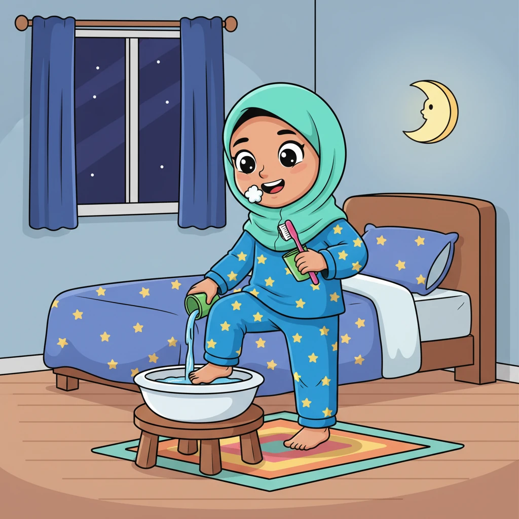 Aisha memakai piyama favoritnya yang bergambar bintang-bintang. Ia menggosok giginya lagi dan membasuh kakinya. Semua siap untuk tidur, dengan hati yang bersih dan pikiran yang tenang.