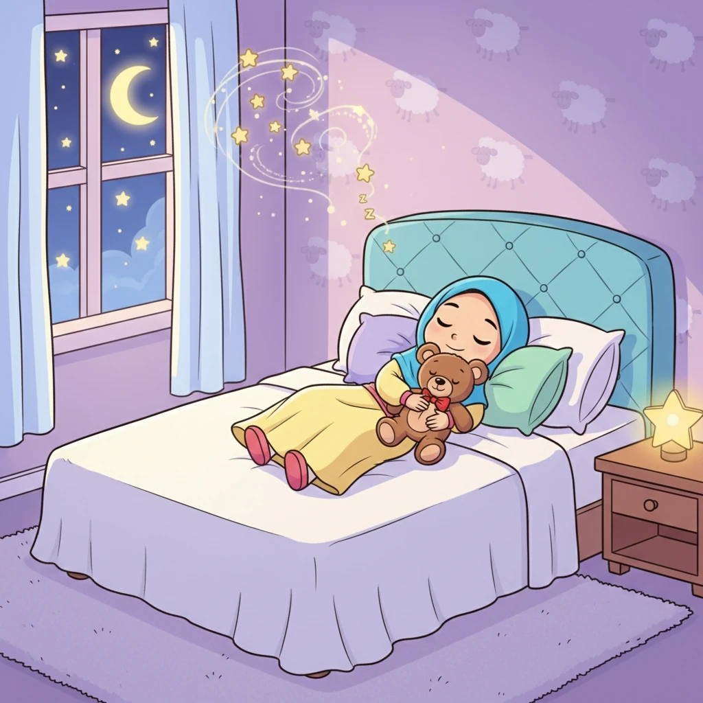 Aisha berbaring di tempat tidurnya yang empuk, memeluk boneka beruangnya. Ia memejamkan mata, mengucapkan doa tidur terakhir. Dalam sekejap, ia terlelap, siap untuk mimpi-mimpi indah dan menyambut pagi yang baru.