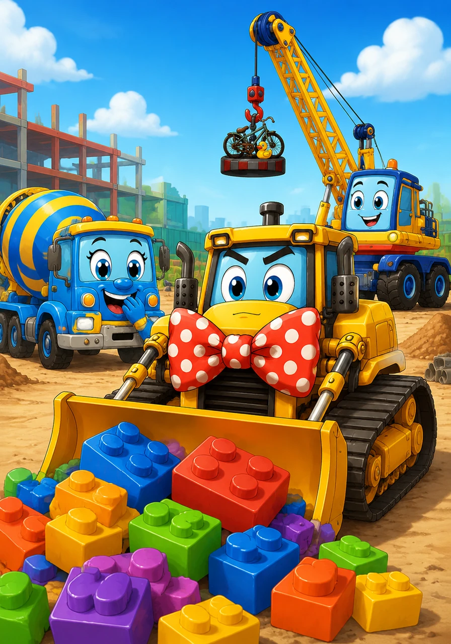 Barnaby the Bulldozer arrives at the construction site ready for work, but he has accidentally put on a giant, polka-dot bowtie instead of his safety belt. The other trucks giggle as he tries to look very professional while pushing a pile of colorful, oversized building blocks instead of heavy rocks.