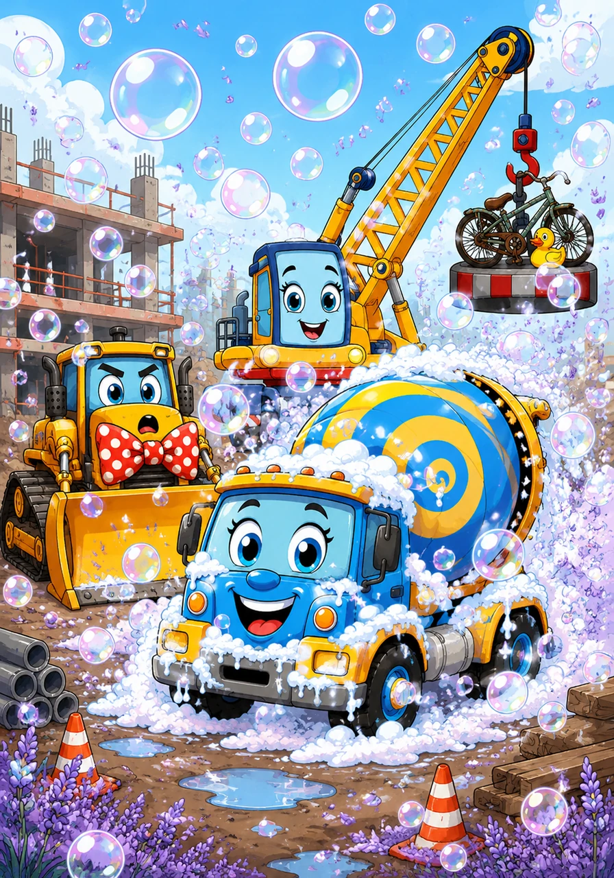Dizzy the Cement Mixer is having a bubbly disaster because she was accidentally filled with liquid soap instead of concrete. Every time her drum spins, massive, shimmering bubbles float across the site, turning the serious work zone into a giant, sudsy party that smells like lavender.