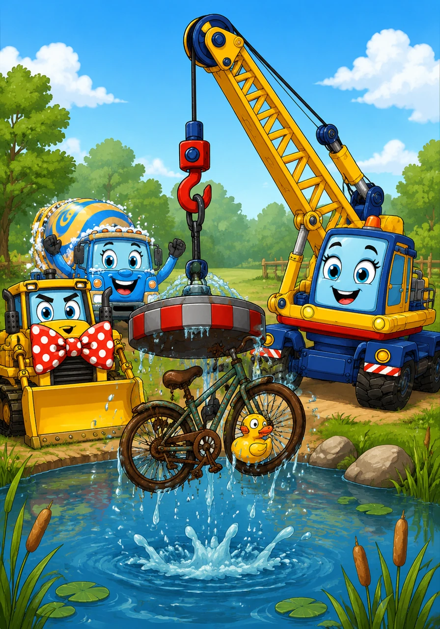 Tallulah the Crane decides that lifting heavy steel beams is far too repetitive, so she attaches a giant magnet to her hook to play extreme fishing in a nearby pond. She successfully catches an old bicycle and a very confused rubber ducky, showing off her prize to the cheering crew.