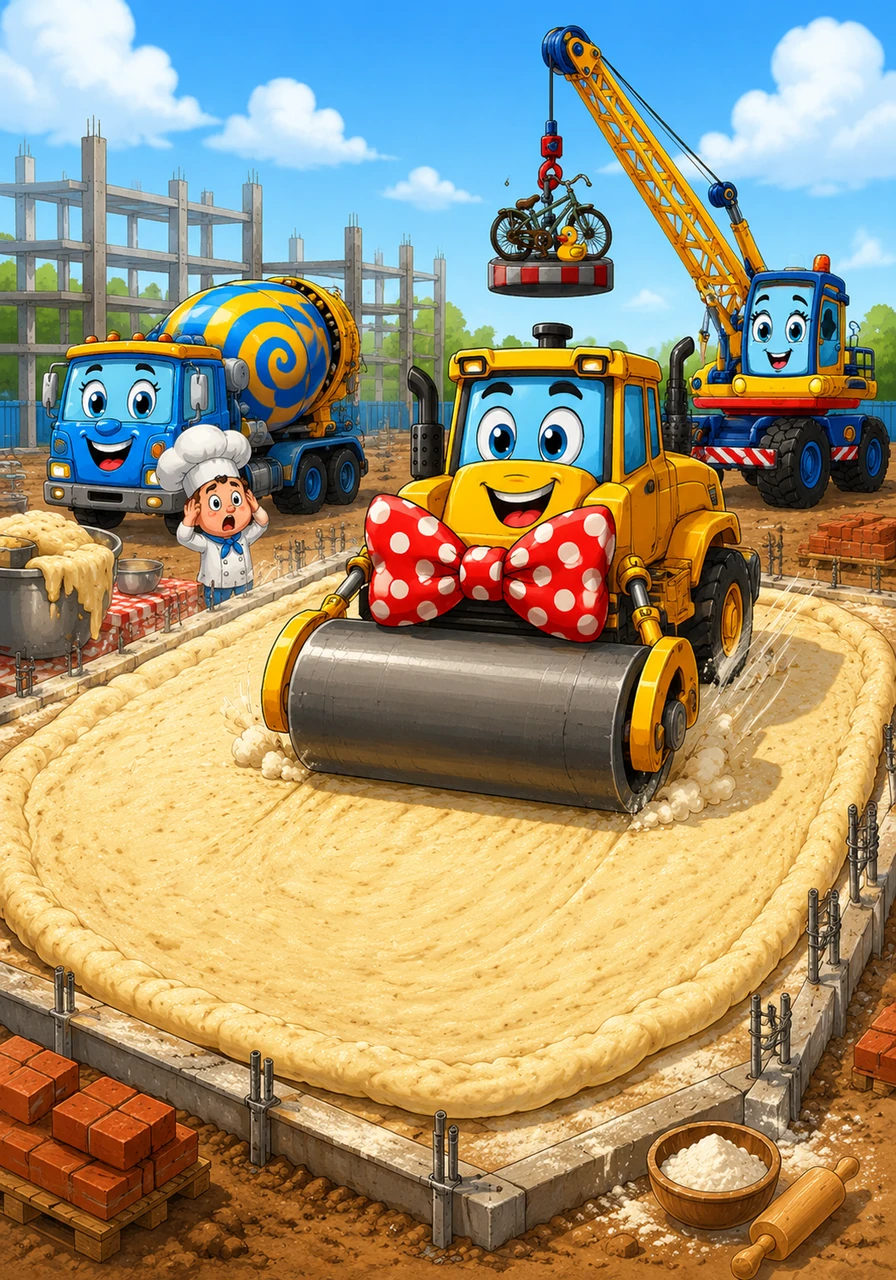 Flatley the Steamroller finds a massive mound of pizza dough left behind by the site’s hungry lunch caterers and decides to help out. He rolls over the dough with a rhythmic thump, flattening it into the world's largest pizza crust that perfectly covers the entire foundation of the new building.