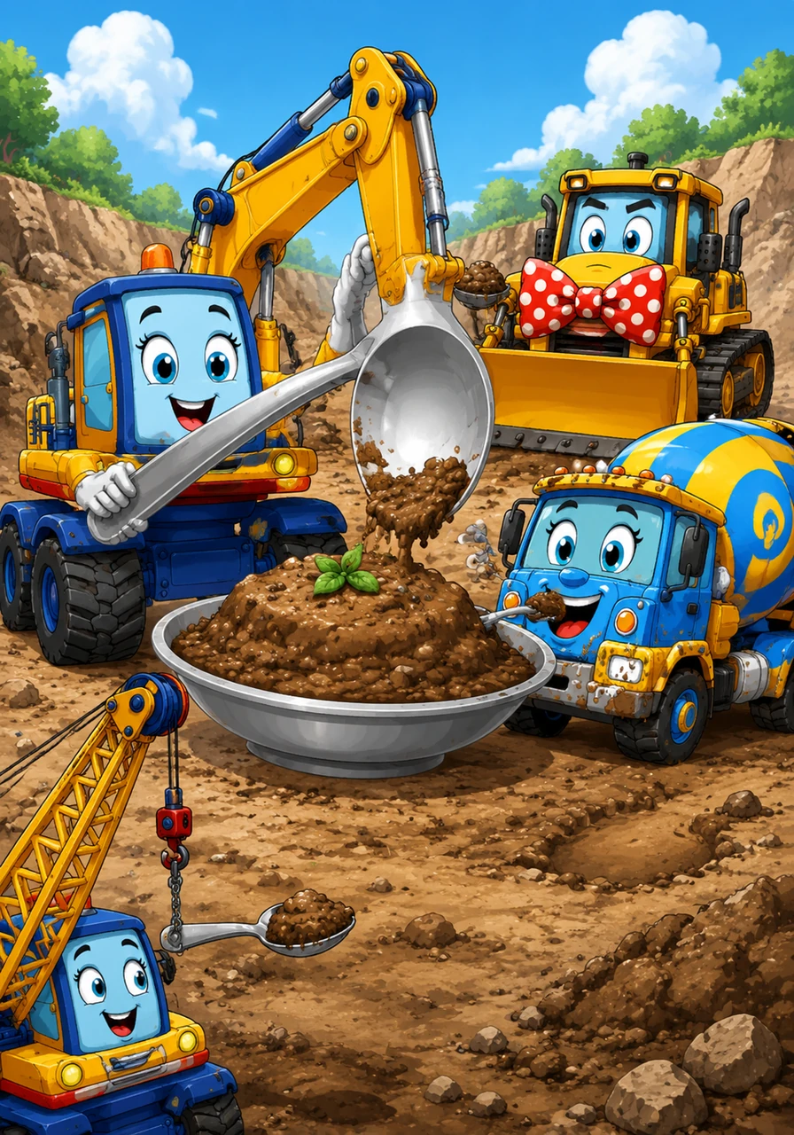 Digby the Excavator is convinced he has discovered a rare dinosaur bone deep in the earth, but it turns out to be a giant, prehistoric-sized silver spoon. He uses his new treasure to serve dirt-pudding to the other trucks, who all pretend to take giant, clanking bites of the pretend dessert.