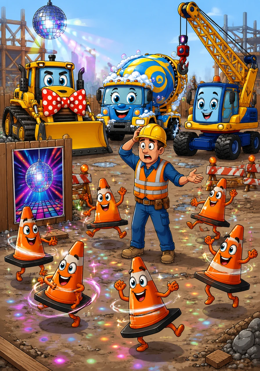 A row of bright orange traffic cones decides they are tired of standing still and begins a perfectly choreographed synchronized dance routine. They hop and spin around a very confused foreman, who can't understand why his No Entry sign has been replaced with a Disco Zone poster.