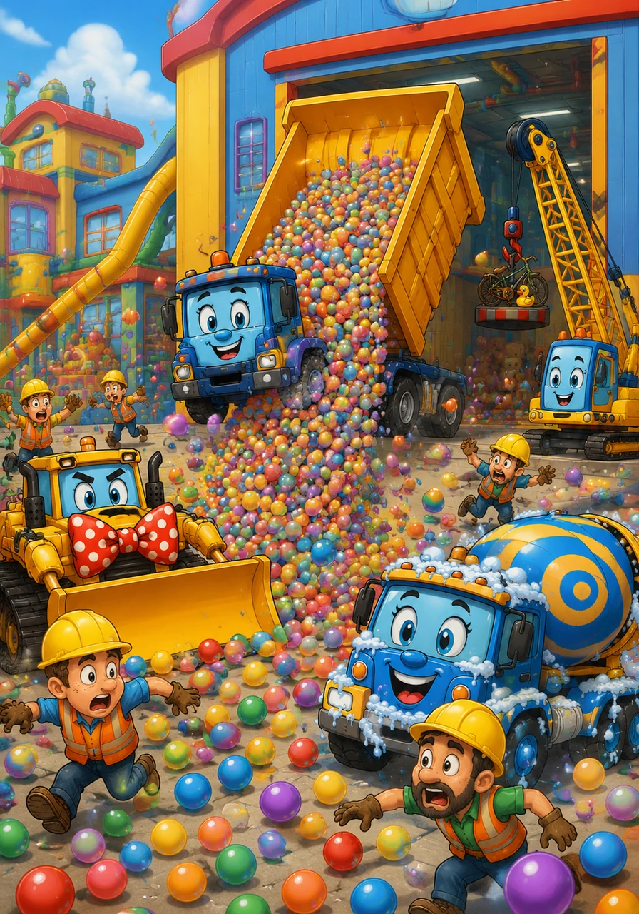 Dumpster Dave the Dump Truck travels to the quarry for a load of gravel but accidentally backs into a toy factory’s delivery bay by mistake. When he tips his bed at the construction site, thousands of colorful bouncy balls cascade out, sending the hard-hatted workers chasing them in every direction.