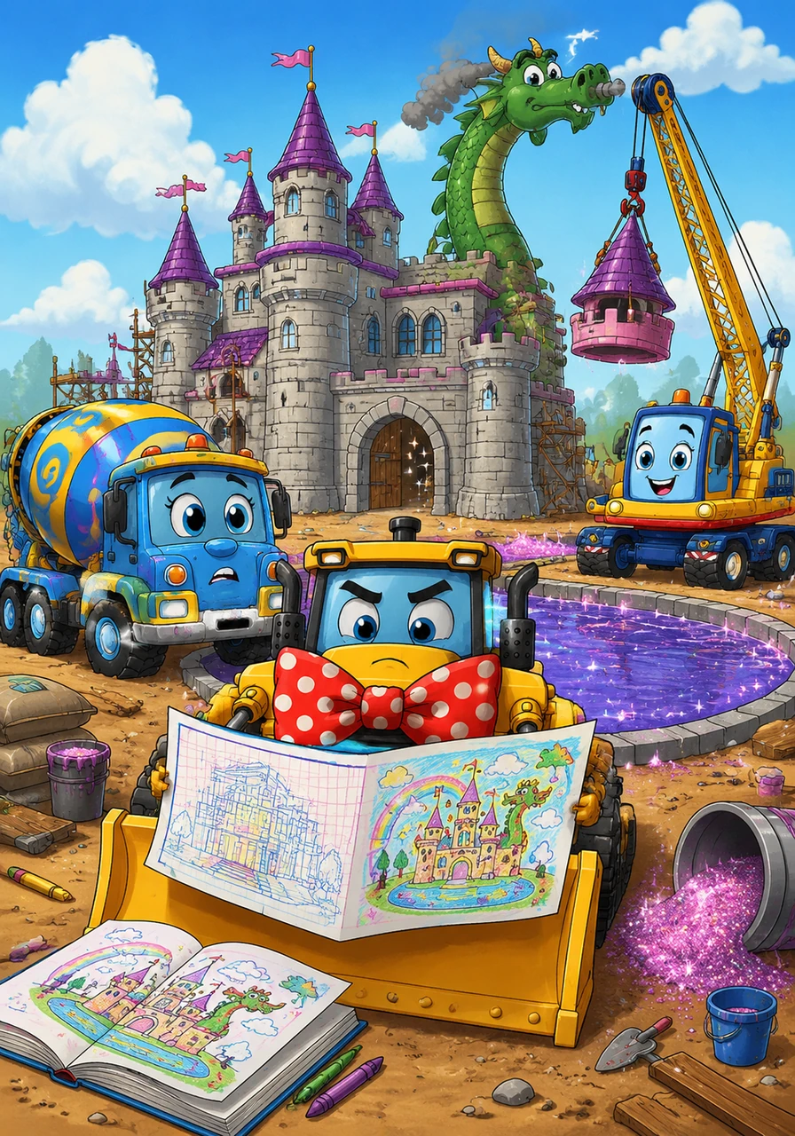 The blueprints for the new library get mixed up with a child's fantasy coloring book, leading the confused crew to try and build a giant castle with a dragon-shaped chimney. Barnaby stares at the plans, wondering where they are supposed to find enough glitter to finish the moat-sized swimming pool.
