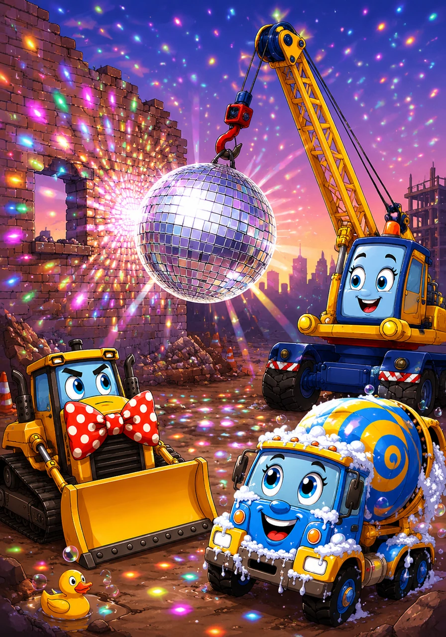 Instead of a heavy iron wrecking ball, the demolition crane is accidentally equipped with a giant, sparkling disco ball. As it swings toward an old wall, it doesn't break a single brick but instead casts spinning lights everywhere, turning the dusty construction site into a glittering ballroom.