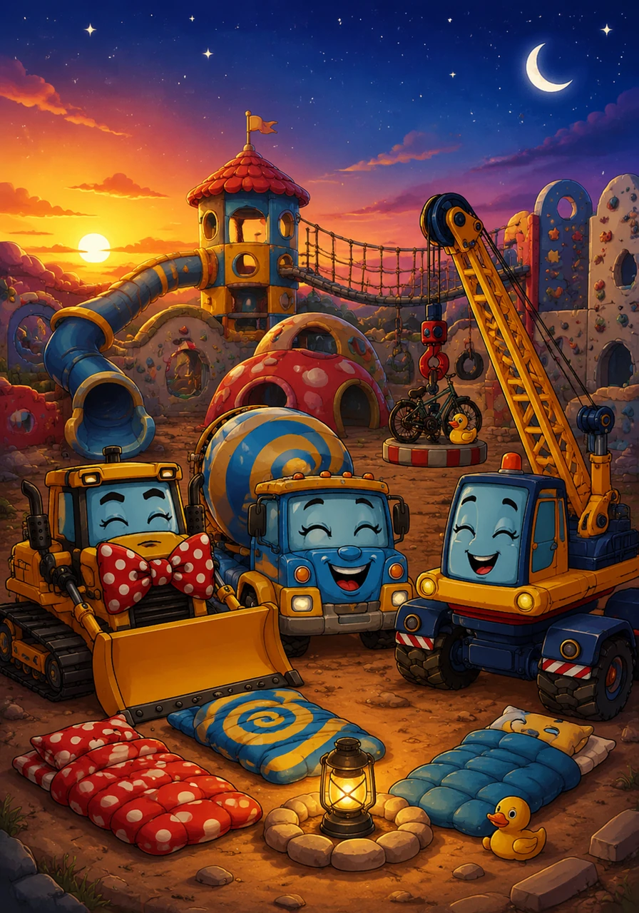 As the sun begins to set over the site, the trucks realize they haven't built a single straight wall, but they have created the world’s most magnificent playground. They all park in a cozy circle, sharing a laugh about their silly day before falling asleep under the stars to dream of tomorrow's blunders.
