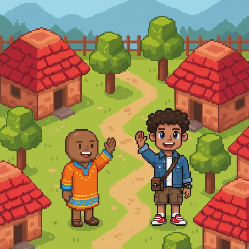 Kito arrives in a bustling pixelated village, its huts rendered in warm earth tones and bright red roofs. A friendly villager, depicted with a simple, smiling face and a colorful patterned tunic, waves warmly. Kito learns to say "Jambo!" and the villager replies with a cheerful "Habari yako?".