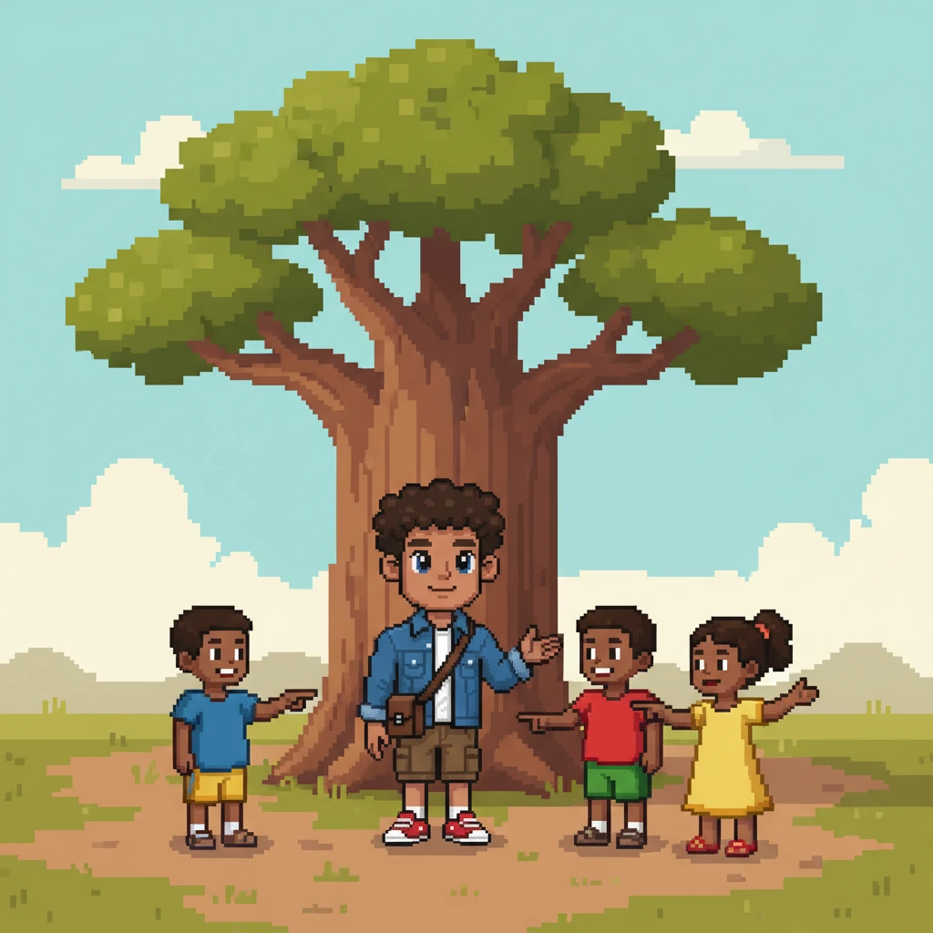 Kito meets a group of pixelated children playing near a large, blocky baobab tree. They introduce themselves, and Kito learns about "mimi" (I), "wewe" (you), and "sisi" (we) through their playful interactions. The children's simple outfits are a mix of primary colors, adding to the retro charm.