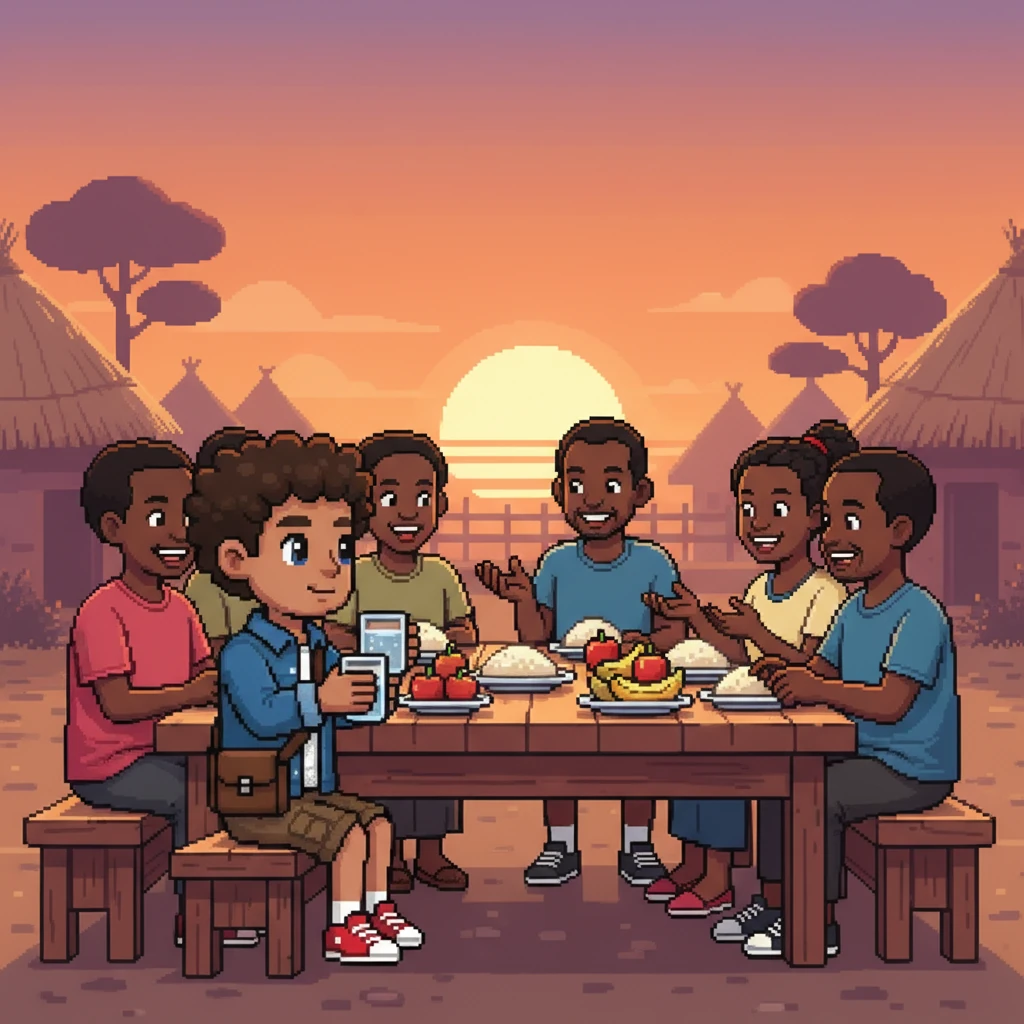 Later, Kito joins the villagers for a meal. On a blocky wooden table, there are pixelated plates of "chakula" (food) like ugali and colorful fruits. Kito enjoys a refreshing cup of "maji" (water) while learning the new words. The scene glows with the warm hues of a pixelated sunset.