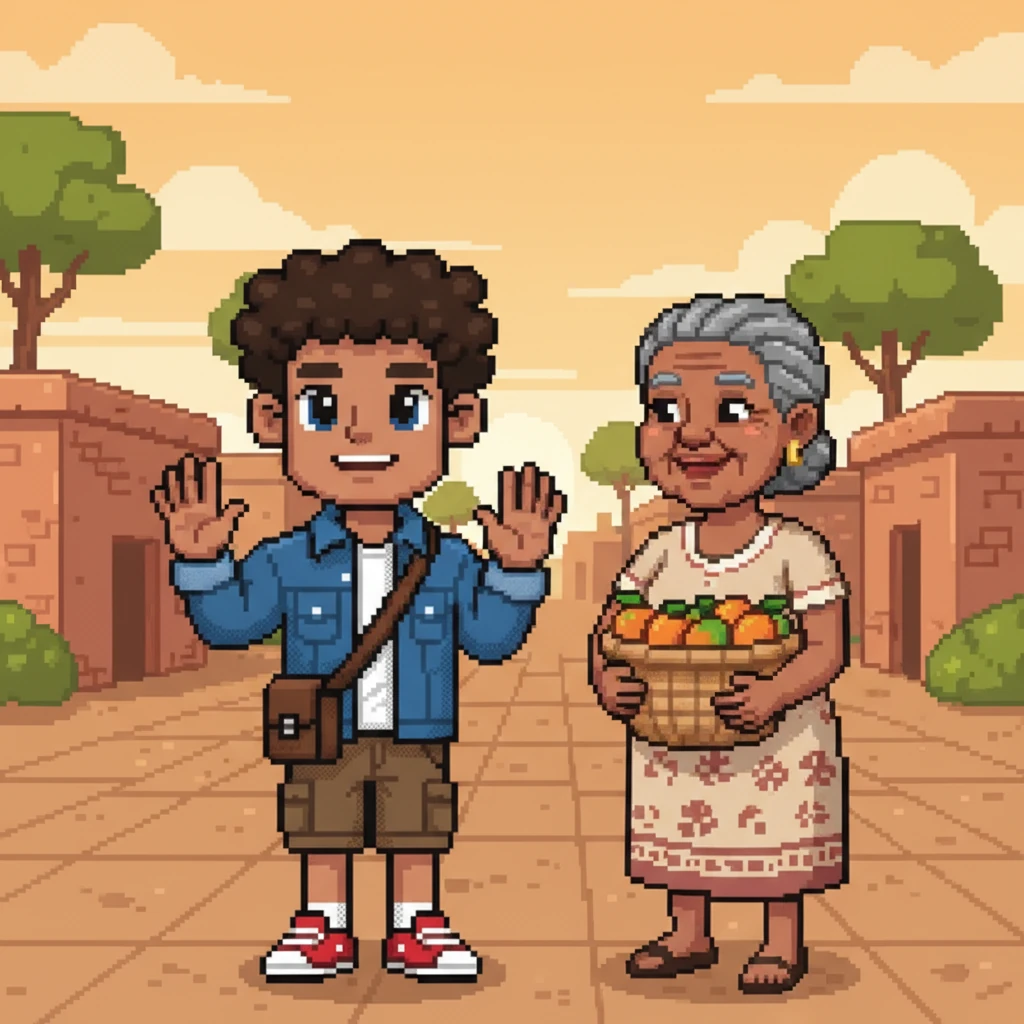 Before leaving, Kito helps a friendly elder count a basket of pixelated mangoes. Together, they count "moja, mbili, tatu, nne, tano!" (one, two, three, four, five). Kito feels proud of the new words learned and waves goodbye, promising to practice more.