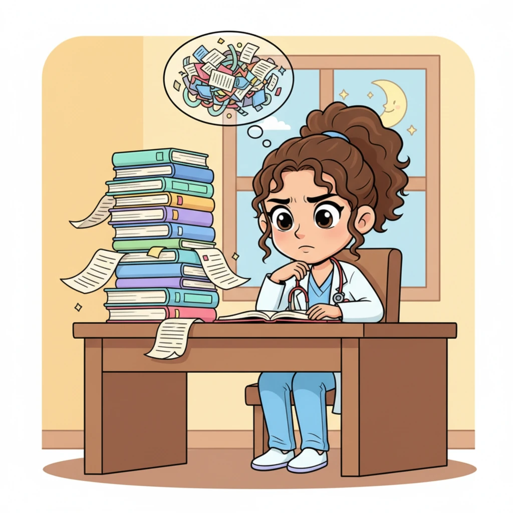 Clara, a bright-eyed nursing student, sits at her desk, surrounded by a towering, wobbly stack of textbooks and loose papers. Her brow is furrowed in concentration, but a tiny thought bubble above her head shows a chaotic swirl of unorganized citations, hinting at her overwhelming research challenge. The room is filled with warm, inviting colors, but Clara's expression conveys a touch of academic stress.