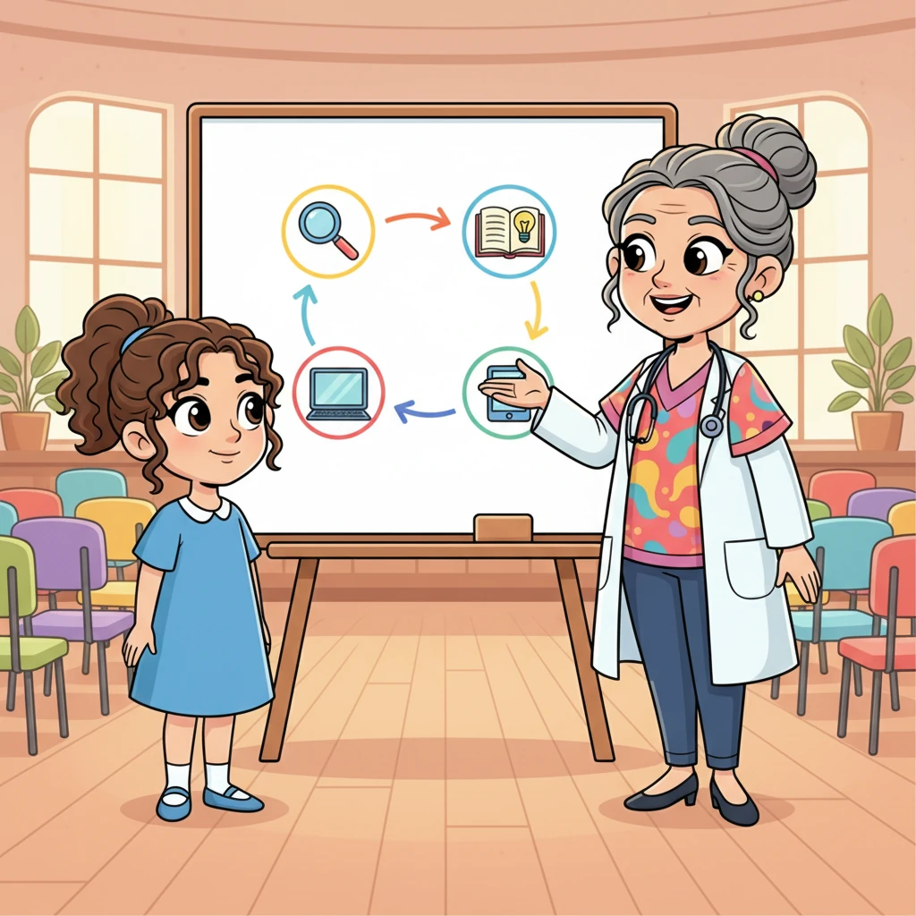 During a lively lecture, Professor Anya, with her wise, twinkling eyes and a friendly smile, stands beside a large, glowing whiteboard displaying a simplified diagram of interconnected research tools. She gestures enthusiastically, introducing the concept of smart research and hinting at powerful digital allies for academic success. Clara listens intently, a spark of curiosity igniting in her expressive eyes.