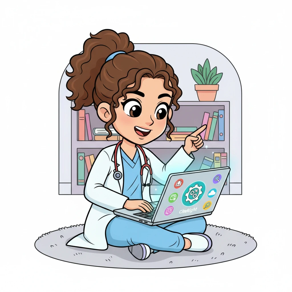 Inspired, Clara dives into exploring new tools on her sleek, futuristic-looking laptop. The screen glows with vibrant icons, and she points excitedly at a prominent one labeled "CiteRight," a whimsical, gear-filled emblem representing a bibliographic manager. Her determined expression shows she's ready to conquer this digital frontier.