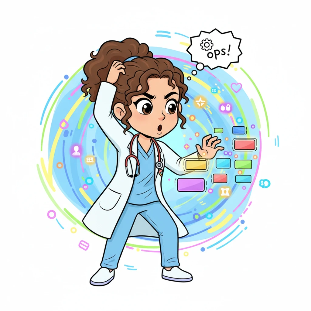 Clara's first attempts are a whirlwind of exaggerated button-mashing and comical head-scratching as she navigates the software's interface. A playful "Oops!" bubble floats above her head, but her wide, focused eyes reveal her commitment to learning. The digital world around her is depicted with swirling lines and bright, encouraging colors, making even mistakes feel part of the adventure.