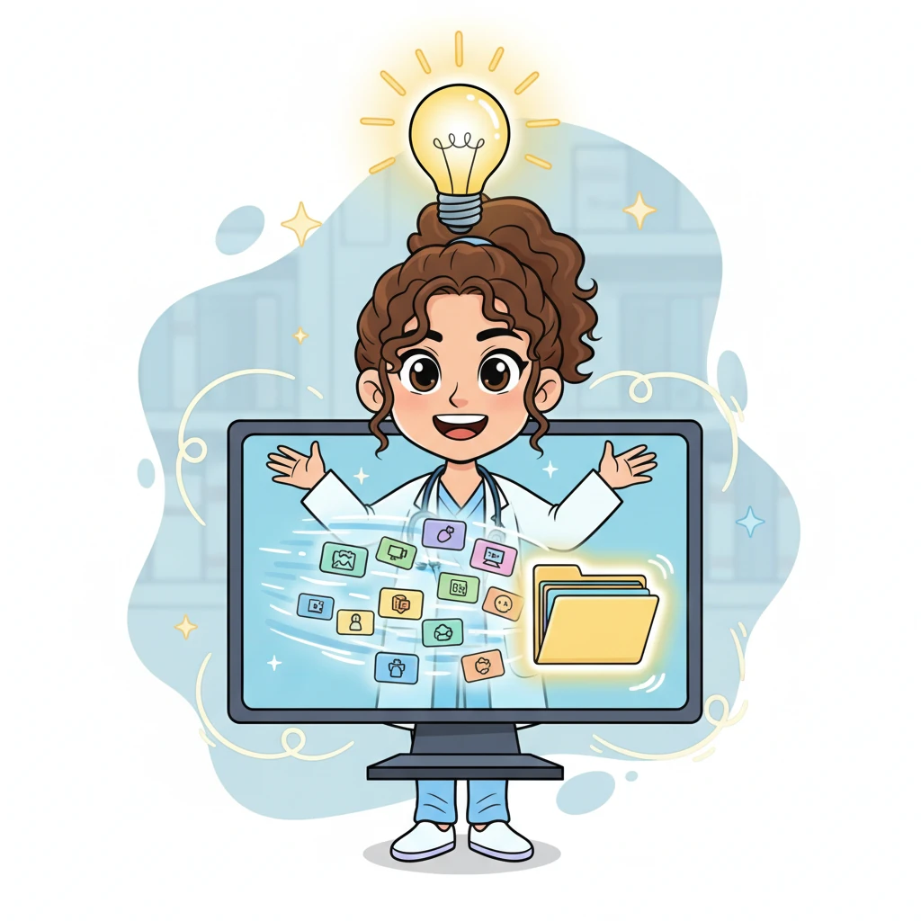 Suddenly, a brilliant lightbulb pops above Clara's head, illuminating her face with pure joy and understanding. With a triumphant grin, she watches as a flurry of colorful digital cards, each representing a research source, neatly organizes itself into a glowing folder on her screen. This "aha!" moment is depicted with dynamic energy and a burst of cheerful hues.