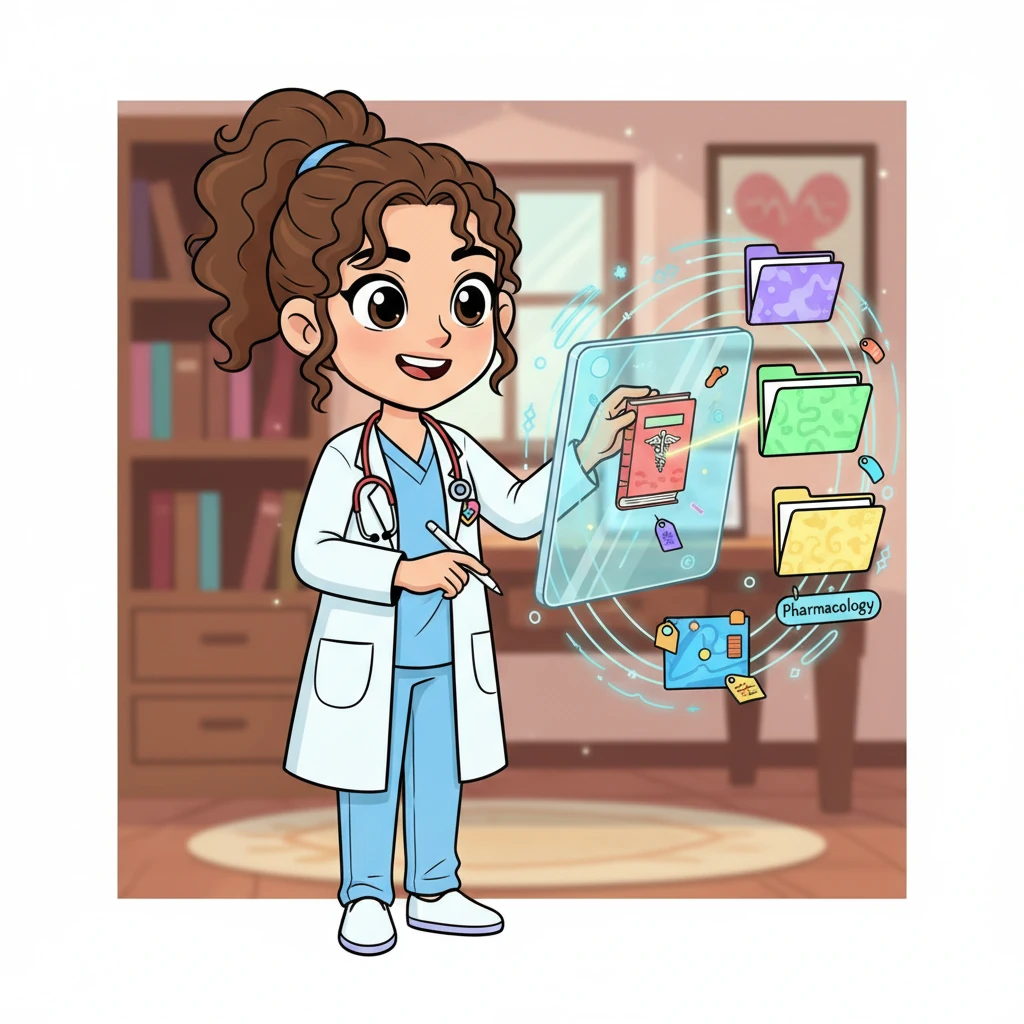 With newfound confidence, Clara masterfully drags and drops digital book icons into perfectly labeled folders, adding colorful tags like "Pediatrics" and "Pharmacology." She effortlessly navigates her digital library, a vibrant, organized landscape of knowledge. A satisfied smile plays on her lips as her research becomes a fun, intuitive process.