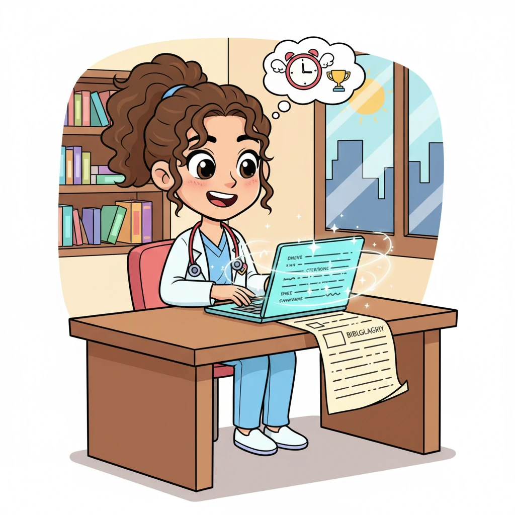 Clara sits at her desk, now much tidier, as her fingers glide across the keyboard. On her screen, a research paper magically populates with perfectly formatted in-text citations and a beautifully organized bibliography, all generated by CiteRight. She beams with pride, realizing the immense time and effort saved, her paper practically writing itself.