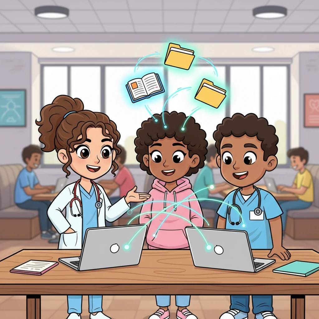In a bustling university common area, Clara confidently shares her screen with two fellow nursing students, Maya and Ben, who look on with impressed expressions. They exchange ideas and seamlessly share research folders, their collaborative spirit evident in the bright, interconnected lines flowing between their laptops. The scene radiates a sense of teamwork and shared discovery.