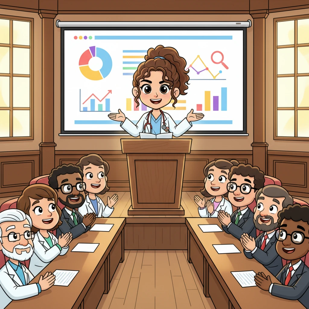 Clara stands at a podium, her posture tall and confident, presenting her meticulously researched paper to an admiring audience of professors and peers. Her presentation slides are clean and professional, adorned with perfectly cited information, a testament to her mastery of research tools. A soft, inspiring glow surrounds her, highlighting her achievement.