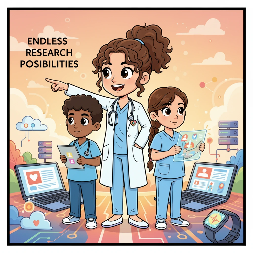 Now a beacon of academic excellence, Clara mentors new nursing students, guiding them through the vibrant landscape of nursing informatics. She points towards a horizon filled with endless research possibilities, inspiring them to embrace digital tools for their own successful journeys. Her joyful, encouraging smile lights up the scene, embodying the spirit of innovation and shared knowledge.