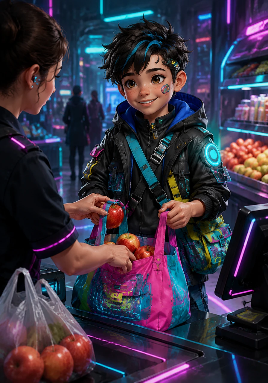 At the local grocery store, Leo proudly refused the plastic bags offered at the counter. He brought his own colorful cloth tote bags from home to carry the fresh apples. His small choice has prevented unnecessary plastic from reaching the ocean.