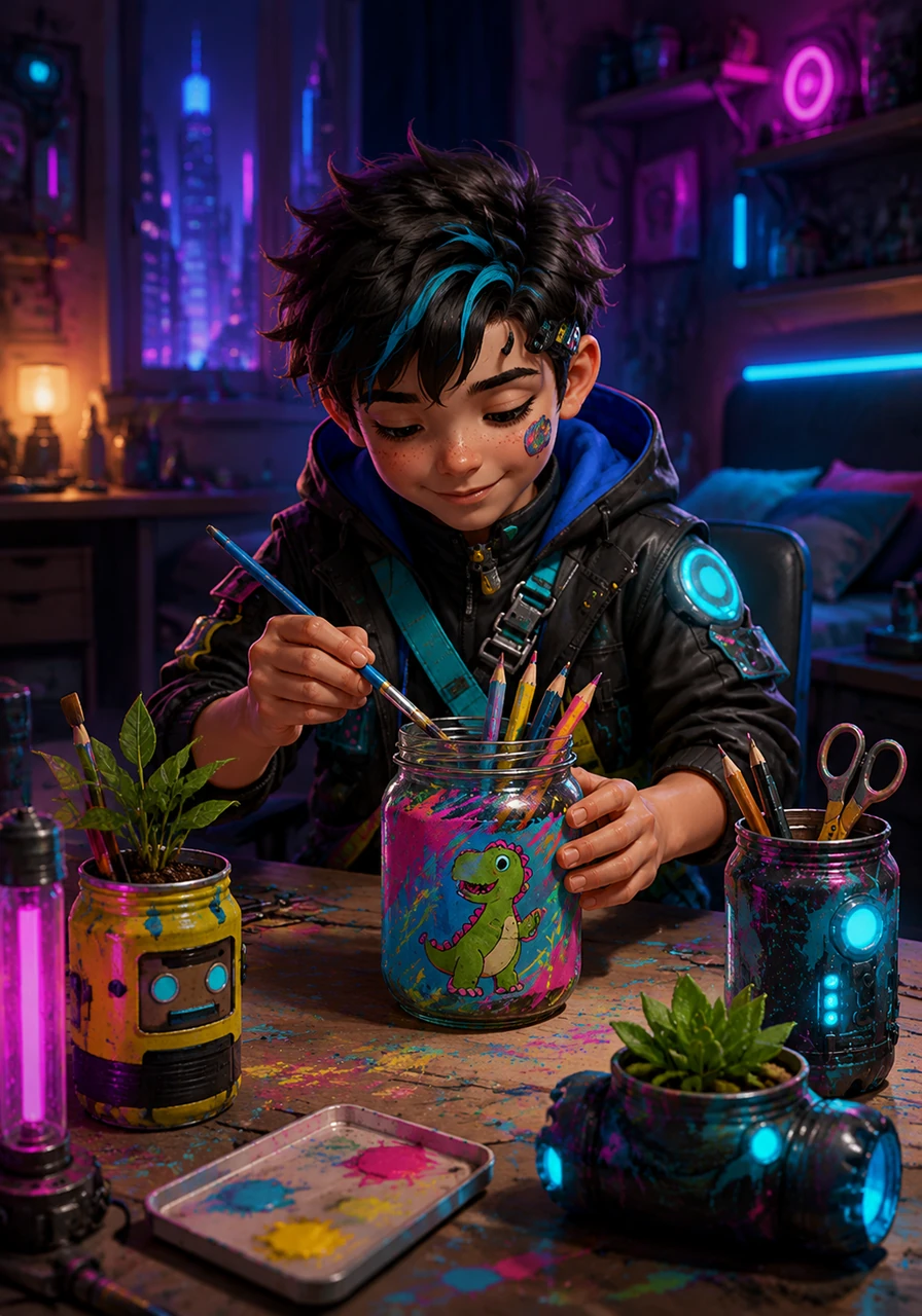 Back home, Leo found a creative way to reuse things instead of throwing them away. He turned an empty glass jam jar into a beautiful, hand-painted pencil holder. He has successfully transformed several pieces of trash into useful bedroom treasures.