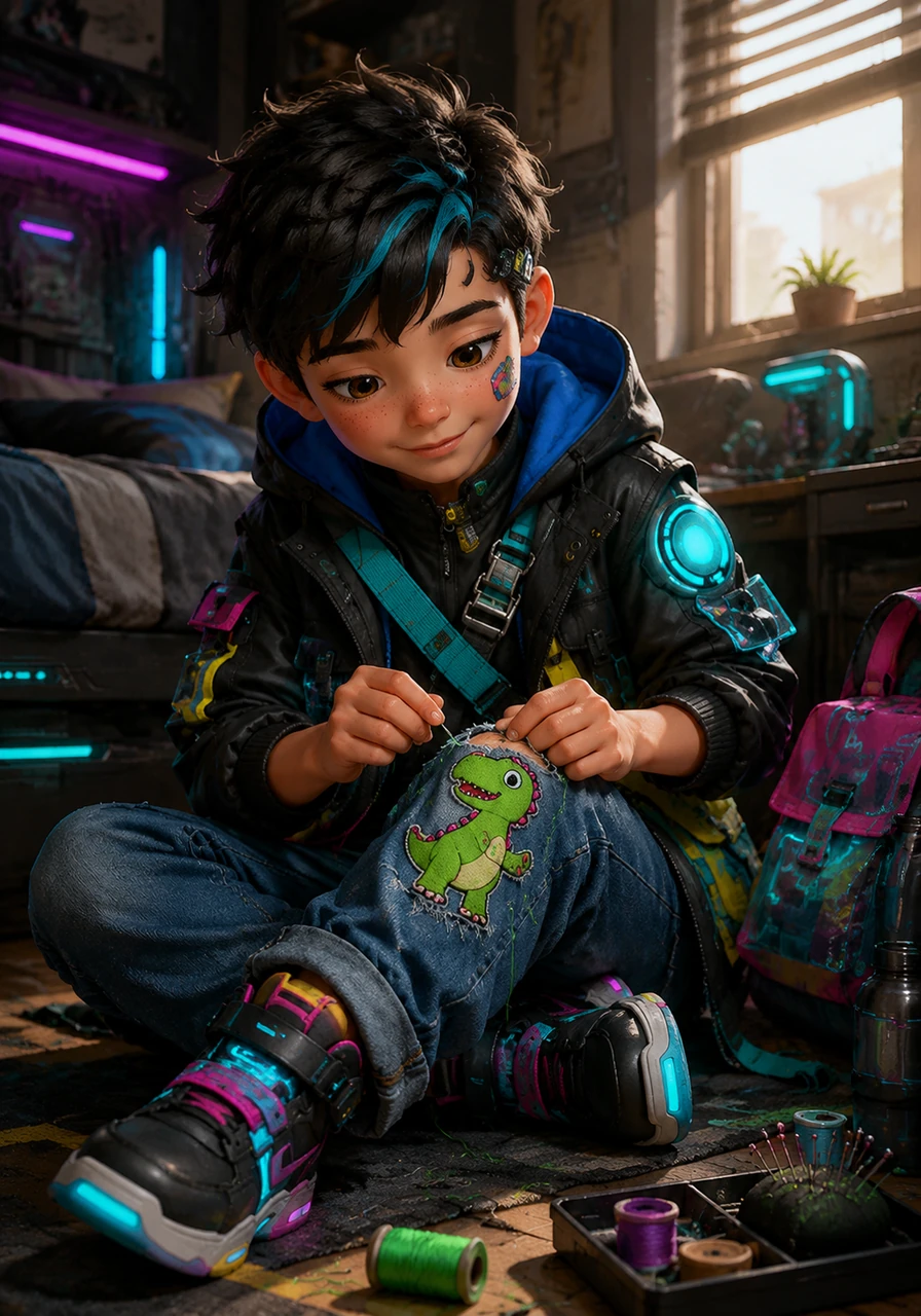 Later that afternoon, Leo patched up his favorite pair of denim jeans instead of buying new ones. He carefully sewed a bright green dinosaur patch over the small tear on the knee. He has extended the life of his clothes with just a little thread and imagination.