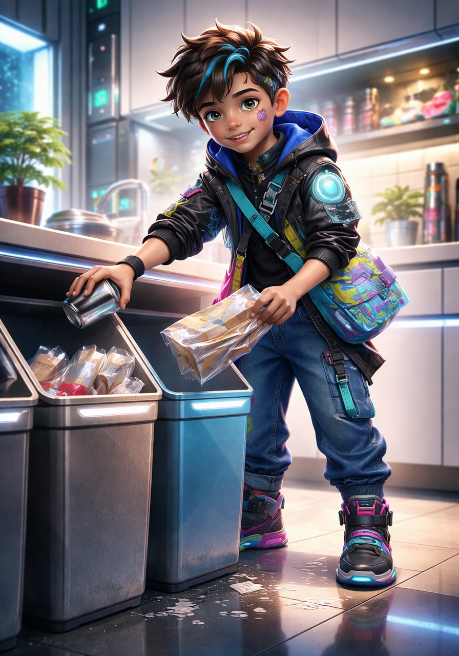 In the kitchen, Leo sorted the remaining waste into the proper bins to ensure everything was recycled correctly. He separated the clean aluminum cans from the paper packaging with great care. He has learned exactly which materials can be reborn into new products.