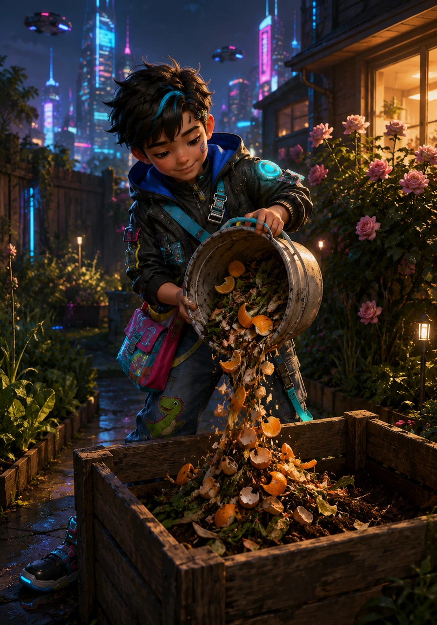 Leo then carried a bucket of organic vegetable scraps out to the wooden bin in the backyard. He has started a rich compost pile that will soon feed the garden soil. The orange peels and eggshells will turn into black gold for his mother's roses.
