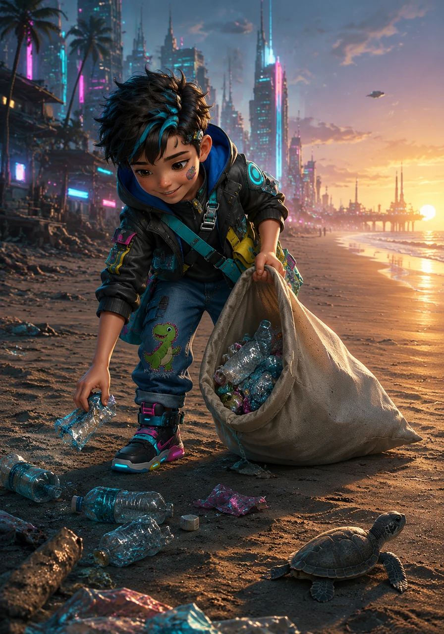 The next morning, Leo walked along the community beach with a large canvas sack. He collected stray plastic wrappers and bottles that careless visitors had left behind. He has cleared a wide path of sand, making it safe for the sea turtles.