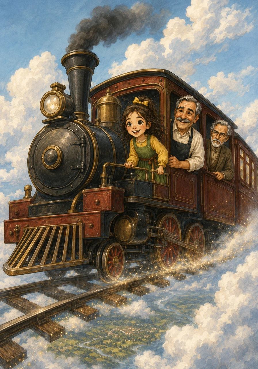 Jana boarded a magnificent steam train, her heart fluttering with excitement as the wheels began to churn along the iron tracks. Slowly and magically, the train lifted off the ground, ascending higher and higher until it was soaring gracefully through the soft, white clouds of the open sky.