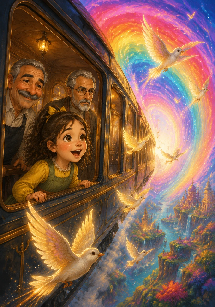 Looking out the window, Jana gasped in delight as a flock of radiant, friendly birds flew alongside her carriage, guiding the train forward. Moments later, the train plunged into a dazzling, swirling rainbow portal, bridging the gap between the ordinary world and the land of wonders.