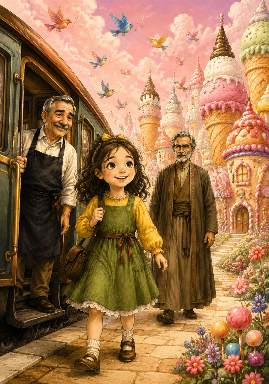 As the train arrived, Jana stepped out into a breathtaking paradise where the clouds were a soft pink hue and colorful birds sang sweet, melodious tunes. The streets were lined with magnificent houses shaped like delicious ice cream cones and decorated with vibrant candies, looking like a dream come true.