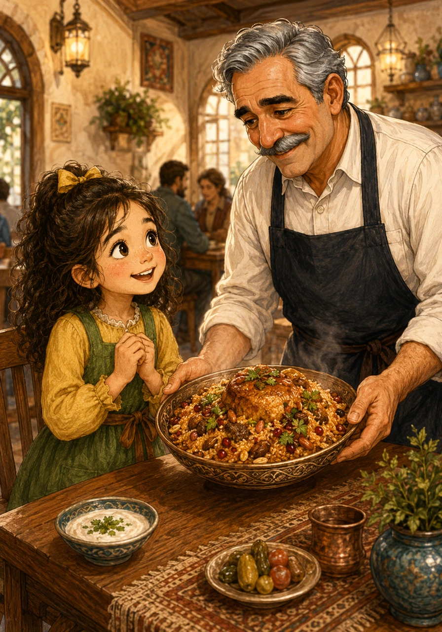 Feeling quite hungry after her long journey, Jana stopped by Uncle Farid's cozy restaurant and ordered a hot meal. Uncle Farid served her a uniquely beautiful and delicious dish unlike anything she had ever seen or tasted before, filling her with warmth.