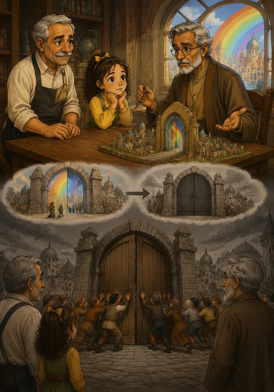 Seeking a solution, Uncle Farid took Jana to see the wise Professor Adeeb, who suggested that closing the rainbow portal would block out the vivid colors and make the city dark and somber, hoping this change might satisfy the citizens' desires. The enthusiastic townsfolk quickly closed the massive gates, and instantly, the bright colors faded into dull, muted shades.