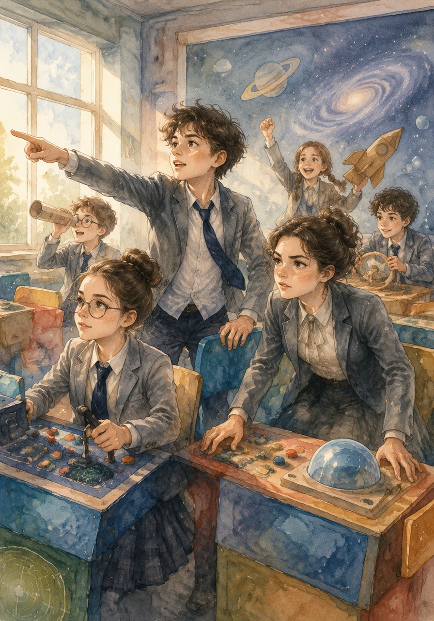 La luce del mattino entra nella classe Prima B, ma per Ryan e i suoi amici non è una semplice aula: è la plancia di comando di un'astronave pronta al decollo. Ryan indica l'orizzonte immaginario mentre i compagni si preparano per una missione intergalattica tra i banchi colorati.