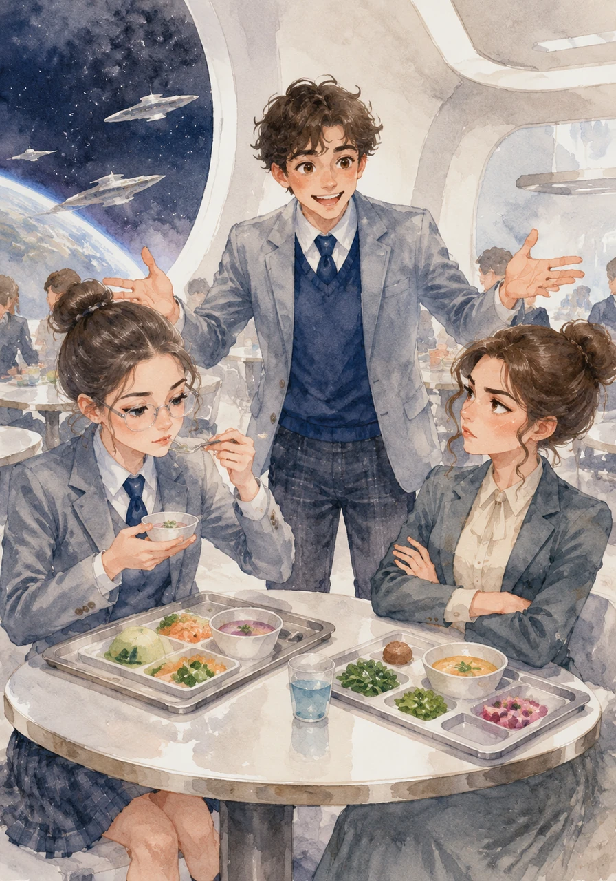 Durante la sosta alla Mensa Galattica, Lavinia assaggia il pasto con l'aria di una vera intenditrice, pronta a scrivere la sua recensione ufficiale. Giacomo sprigiona la sua carica positiva, convincendo anche i più dubbiosi che il cibo spaziale è il migliore dell'universo.